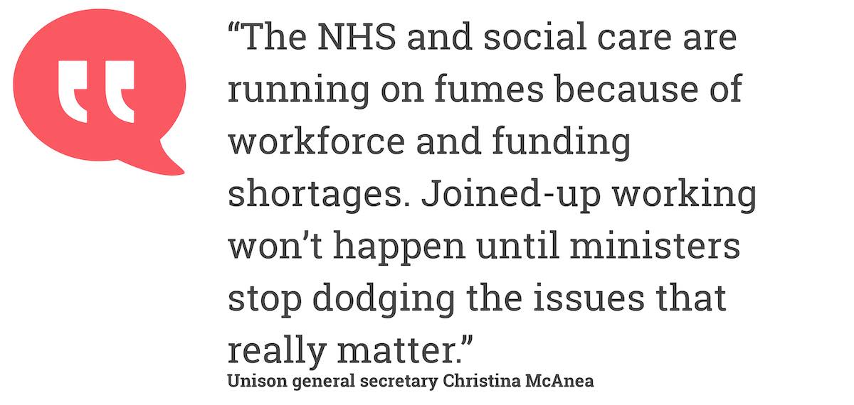 The NHS and social care are running on fumes because of workforce and funding shortages. Joined-up working won't happen until ministers stop dodging the issues that really matter. Unison general secretary Christina McAnea