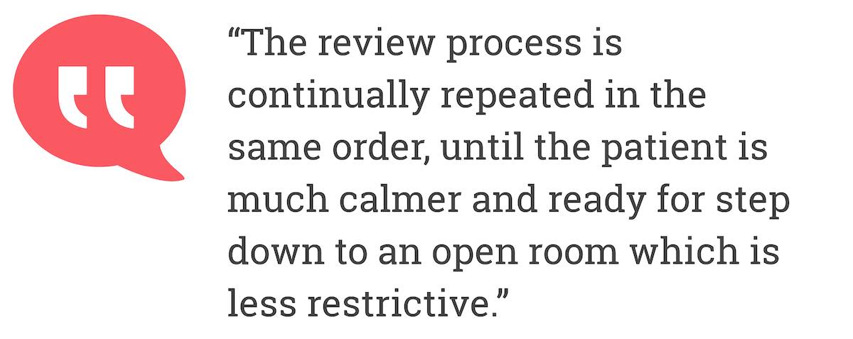 The review process is continually repeated in the same order, until the patient is much calmer and ready for step down to an open room which is less restrictive.
