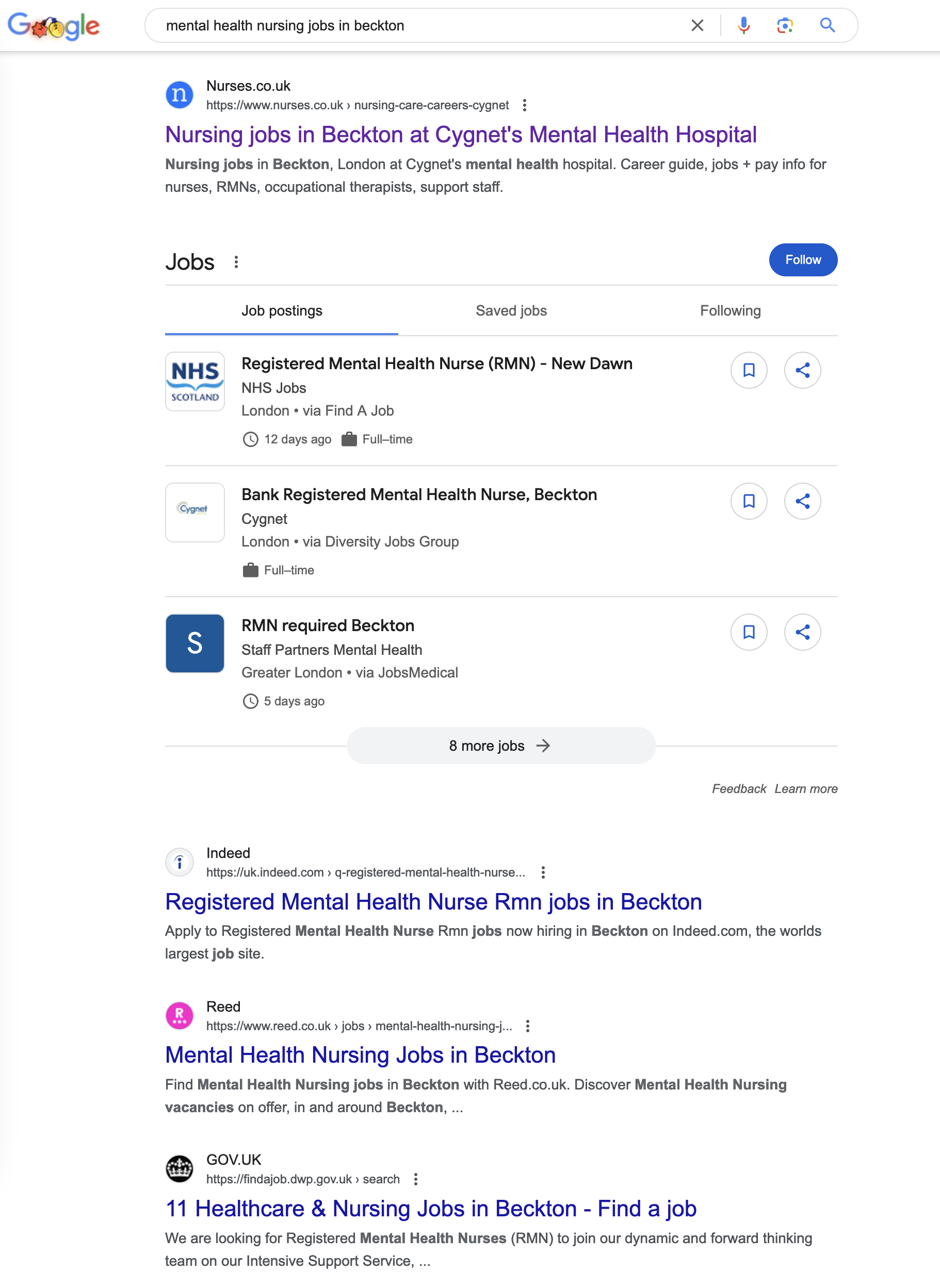 Screenshot from Google showing Nurses.co.uk ranking No.1 in organic search above Indeed and Reed.